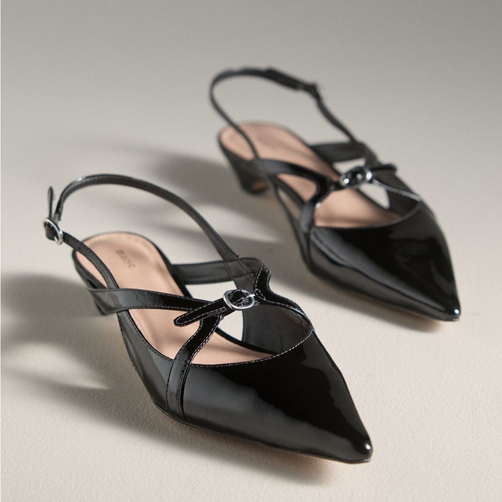 Maeve Black Patent Pointed-Toe Slingback Kitten Heels NWOT
